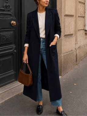 Vintage Jean Claude Paris Long Wool Blend Coat Navy Blue Maxi Overcoat S